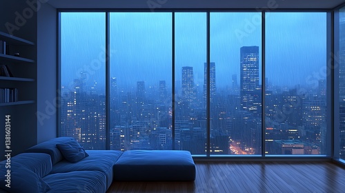 A Modern Living Room Viewing a Rainy City Skyline at Dusk