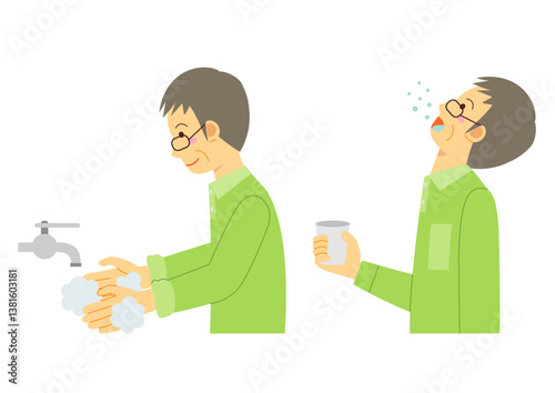 うがいと手洗いをする横向きのシニアの男性のイラスト
