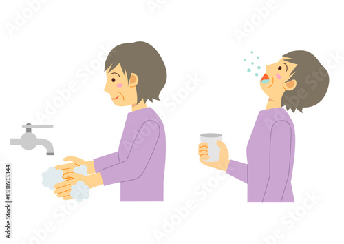 うがいと手洗いをする横向きのシニアの女性のイラスト
