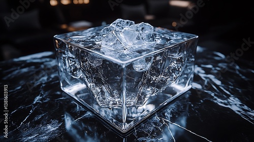 A clear square container filled with chunks of ice on a table