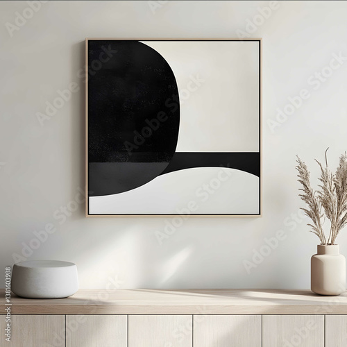a minimalist art print hanging on a white wall with no shadows framed in a simple wooden square frame with no background or mockup