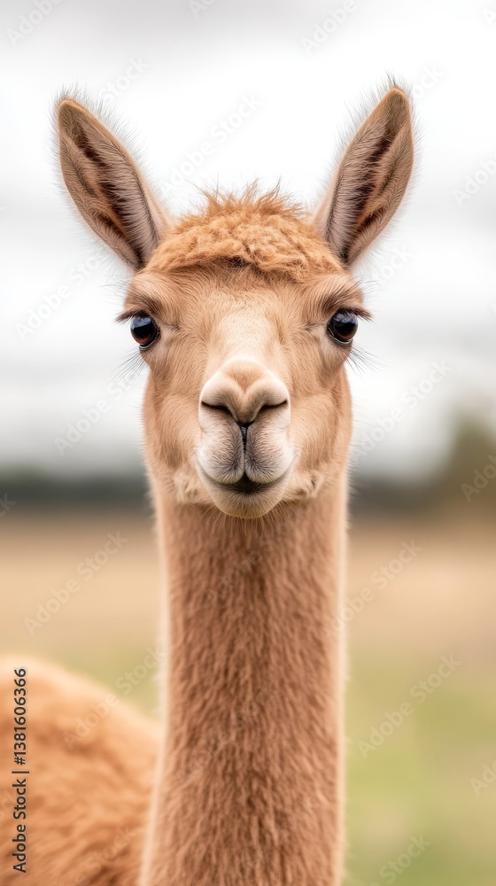 Obraz premium A pink alpaca gazes curiously at the camera, surrounded by a grassy field under a cloudy sky, highlighting its unique color and gentle demeanor
