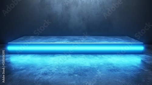 A blue glowing podium sits in a dark concrete environment