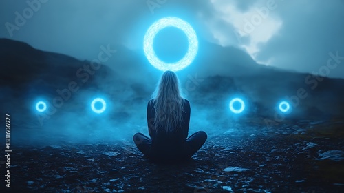 A woman meditates as glowing circles surround her peaceful self