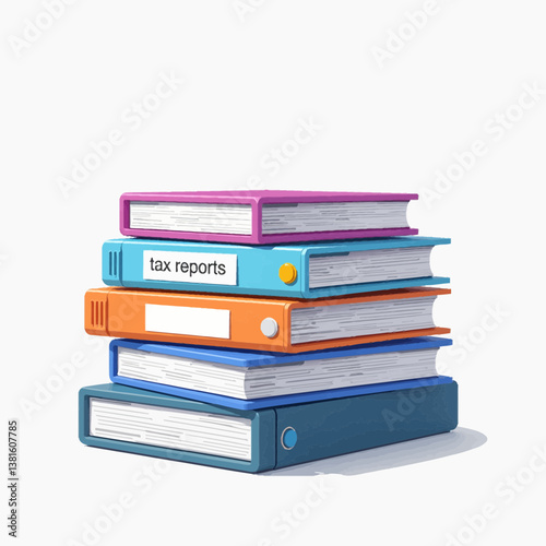 Colorful binders stacked with tax reports on a white background  