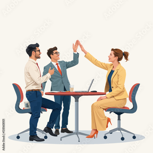 Business team celebrating success in a modern office setting  
