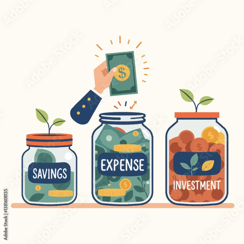 Hand inserting cash into jars labeled savings, expense, investment  