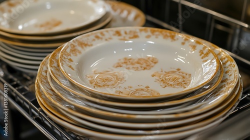 Several elegant porcelain plates stacked neatly on a metal rack