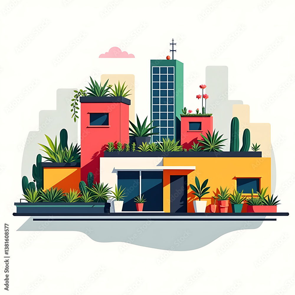 Fototapeta premium Colorful urban rooftop garden with plants and buildings