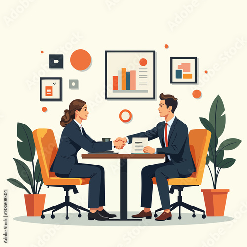 Business partners shaking hands in modern office setting  