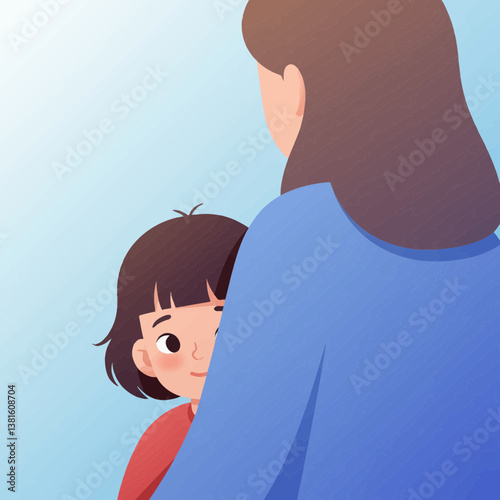Mother and child sharing a warm moment against a soft blue background  
