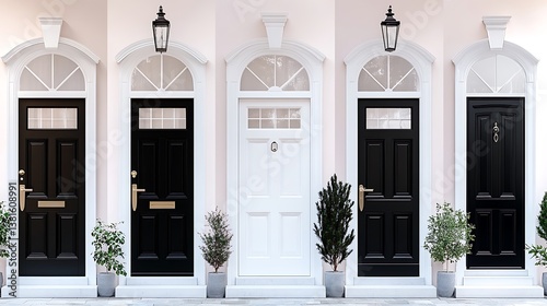 Five classical entrance doors showing diverse colors and architectural detailing
