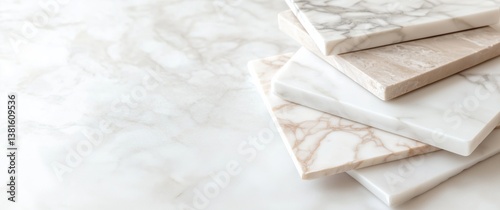 Elegant marble tiles stacked on a smooth surface, showcasing varied textures and colors for interior design projects