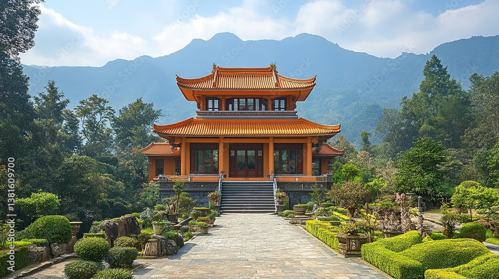 Majestic Buddhist Temple Architecture in Tranquil Setting Majestic Buddhist Temple Architecture in Tranquil Setting