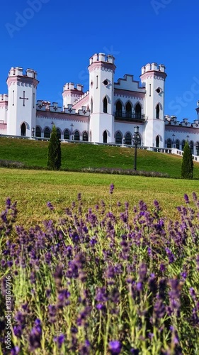 Belarus, Puslovsky Palace, September 5, 2024: Kossovsky Autumn Castle. An old historical castle in Kosovki in sunny autumn weather. An architectural monument in the style of English Neo-Gothic. 4K photo