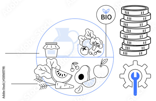 Diverse organic produce thumbs up vegetables, fruits, and grains in circular layout, bio label above, coins on right with gear and wrench. Ideal for sustainability, agriculture, economics, health