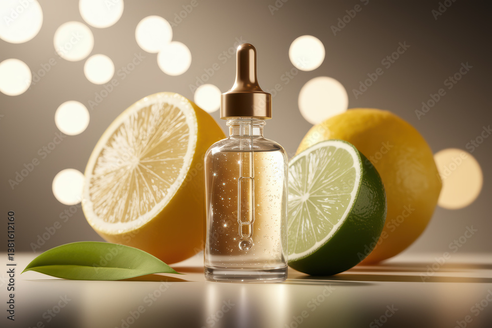 Refreshing Citrus Essence Bottle Surrounded by Fresh Lemons and Limes in Warm Golden Glow Refreshing Citrus Essence Bottle Surrounded by Fresh Lemons and Limes in Warm Golden Glow