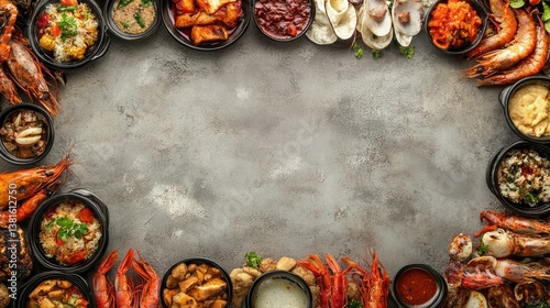 Diverse Asian seafood and side dishes arranged in a frame