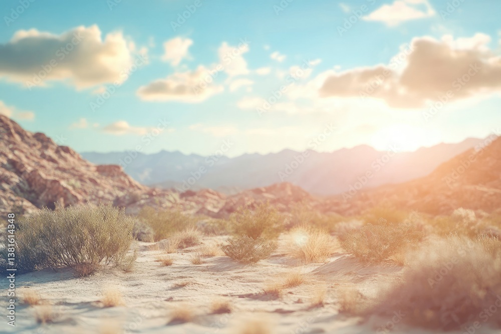Naklejka premium Desert Landscape with Sand and Bushes at Sunrise with Mountains Backdrop