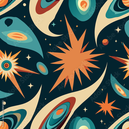 Vibrant cosmic pattern featuring abstract shapes and celestial elements in shades of blue, orange, and cream