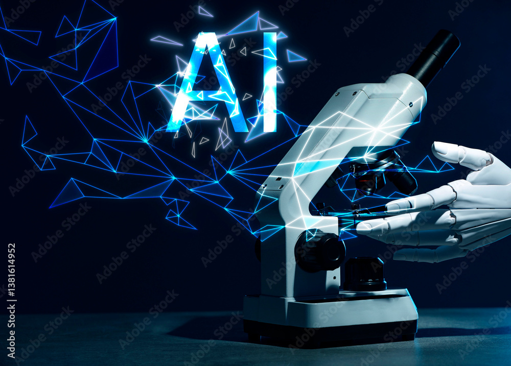 Artificial intelligence. Robot hand and microscope on dark background. AI abbreviation and digital pattern