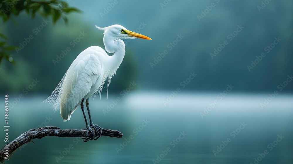 Obraz premium Majestic white heron perched on a branch against a scenic natural backdrop