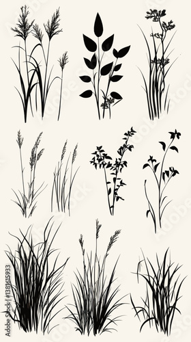 Elegant Bush Grass and Shrub Silhouettes for Graphic Design Projects