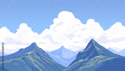 8-bit pixel art retro game level background. 2D platformer video game. side view of a fantasy world. high mountain landscape. simple 2D vector graphics.