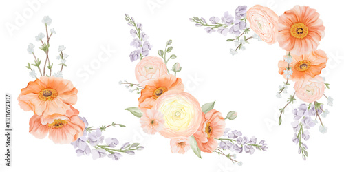 Corner Bouquets Set. Iceland Poppy, Ranunculus, Freesia and Peach or Cherry branches. Watercolor hand drawn botanical illustration of spring flowers in pastel colors isolated on a white background