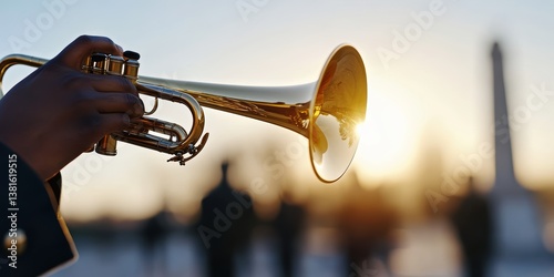 military honor ceremony, a bugler plays taps with a gleaming brass instrument as a solemn military tribute unfolds behind