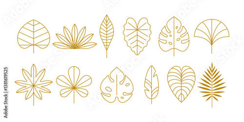 Minimalist summer tropical leaves design collection. Linear simple, modern style. Summer illustrations