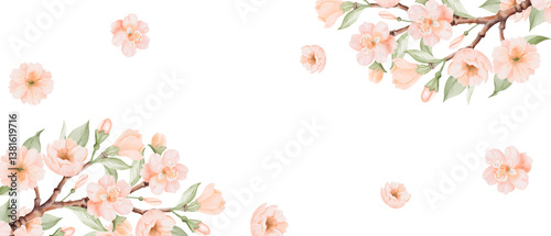 Peach or Cherry Flowers watercolor banner, horizontal square Frame. Spring Blossoming Branches. Card template. Hand drawn watercolor illustration on a white background. Ideal for greeting cards and
