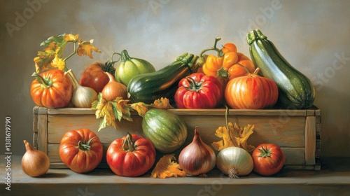 A bountiful harvest of fresh vegetables displayed on a rustic wooden crate perfect for culinar