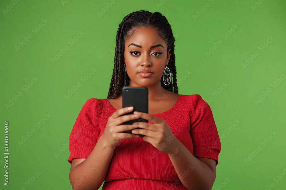 disappointed African American female receiving phone notification, green background disappointed African American female receiving phone notification, green background