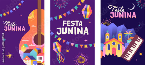 Festa Junina concept design. Brazilian music and dance summer festival carnival banner with city, guitar, accordion, lanterns, and flags. June festival in Brazil illustration