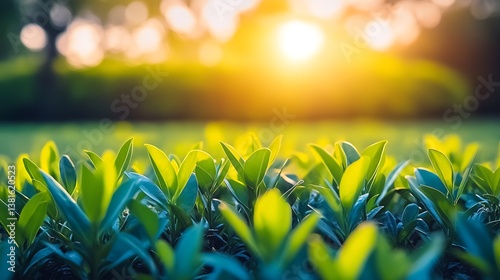 Bright green leaves illuminated with sunlight from above the plants
