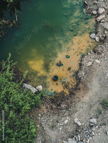Polluted water puddle, overgrown vegetation, and construction debris