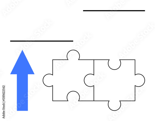 Blue arrow pointing upwards symbolizes growth, success. Connected puzzle pieces signify teamwork, collaboration. Ideal for strategy, goal setting, problem-solving, innovation, direction business
