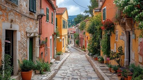 Old European Street with Colorful Buildings, 