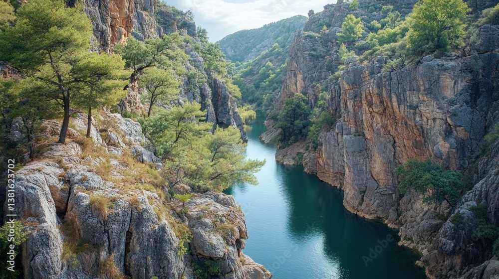 Tranquil turquoise river winds through a breathtaking canyon landscape
