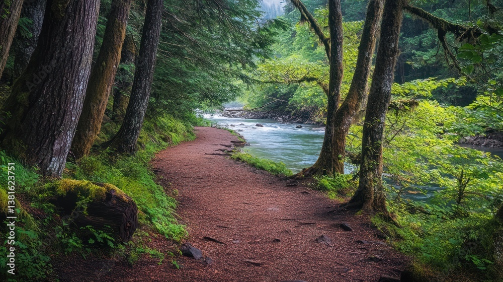 Tranquil path alongside a flowing river surrounded by lush emerald forest scenery
