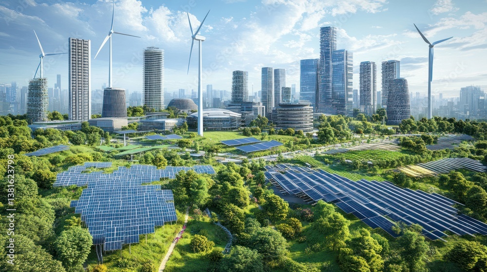 Aerial view of a modern high-tech sustainable city with solar panels and wind turbines