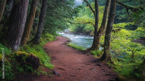 Obraz na płótnie Tranquil path alongside a flowing river surrounded by lush emerald forest scenery w salonie