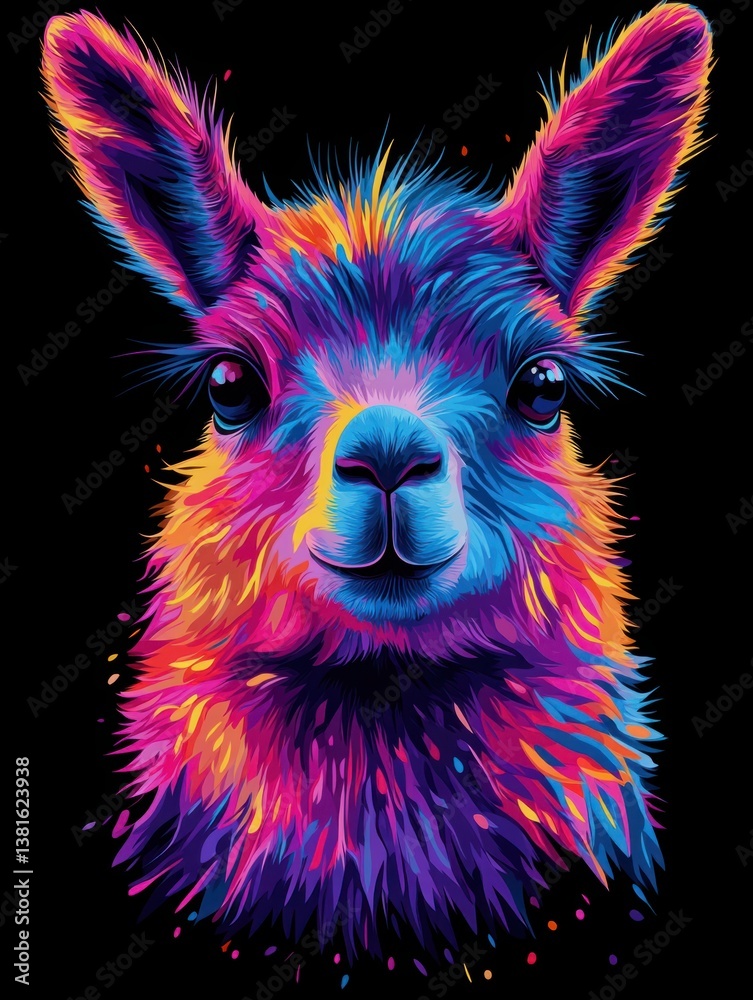Obraz premium Colorful llama portrait vibrating with neon colors on black background