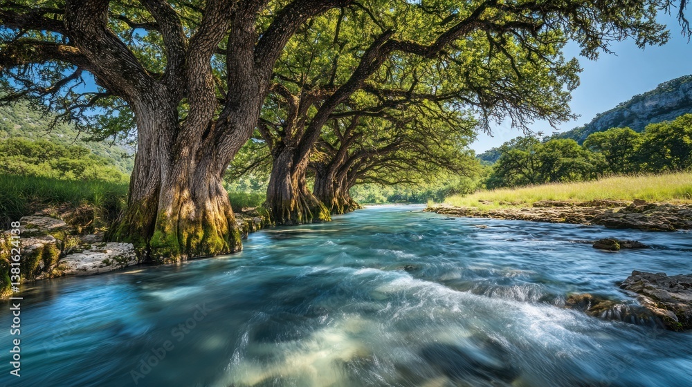 Tranquil river landscape with ancient trees and clear blue waterscape scenery