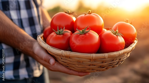 A person holding a basket of fresh ripe red tomatoes