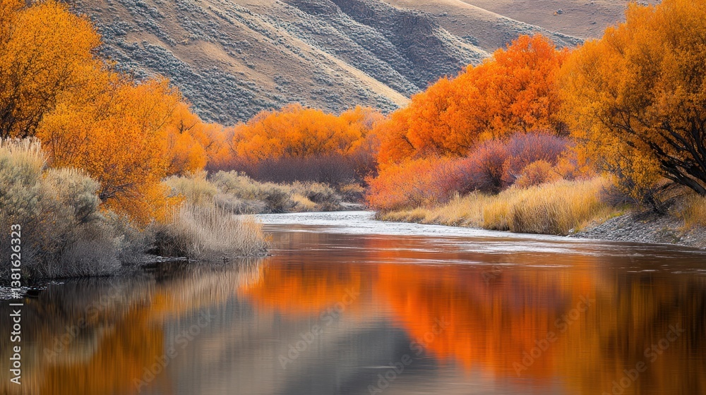 Reflections of autumn: River landscape with vibrant foliage and mountain backdrop