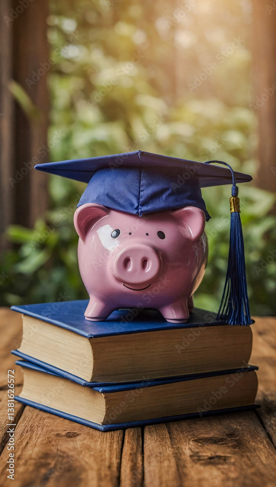 Piggy bank with a graduation cap on wood, symbolizing education and savings.