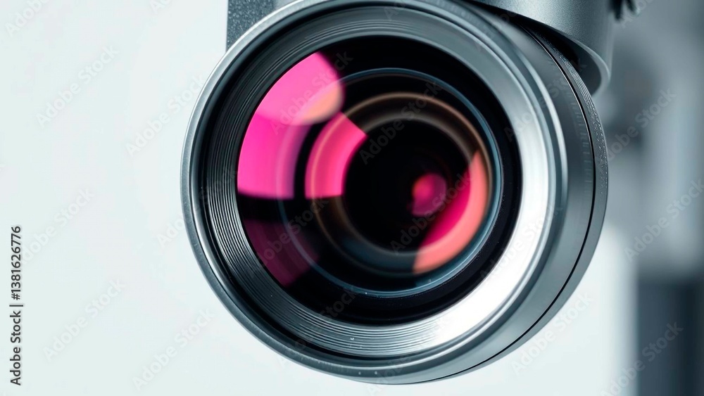 Macro shot of a metallic lens capturing vibrant pink light reflections, showcasing optical precision and a focus on visual detail. Macro shot of a metallic lens capturing vibrant pink light reflections, showcasing optical precision and a focus on visual detail.