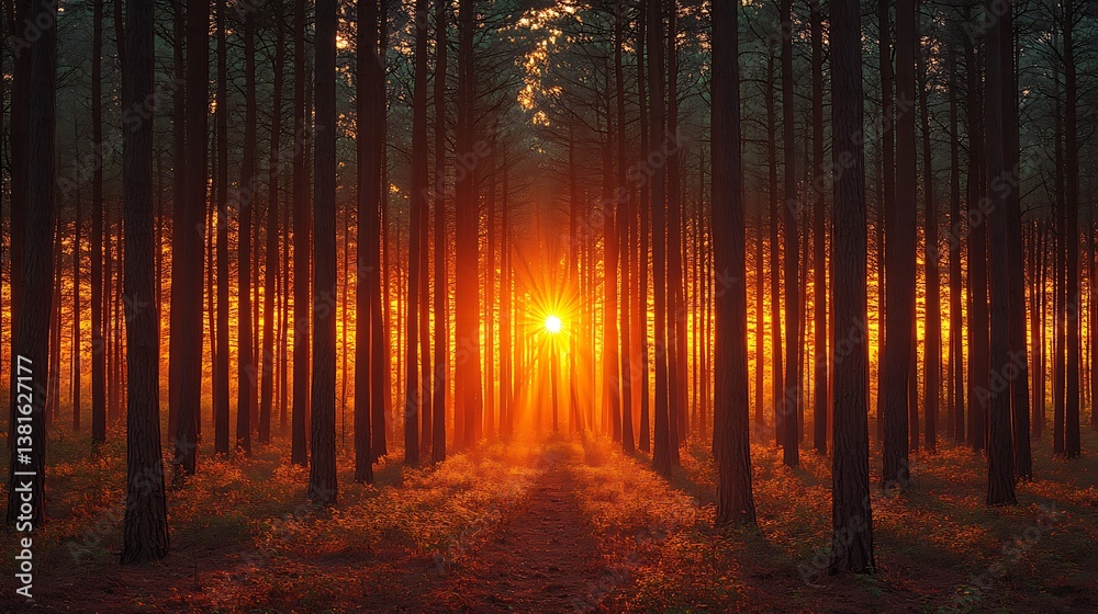 Fototapeta premium Sunset in forest with sunbeams and golden light high resolution hd image